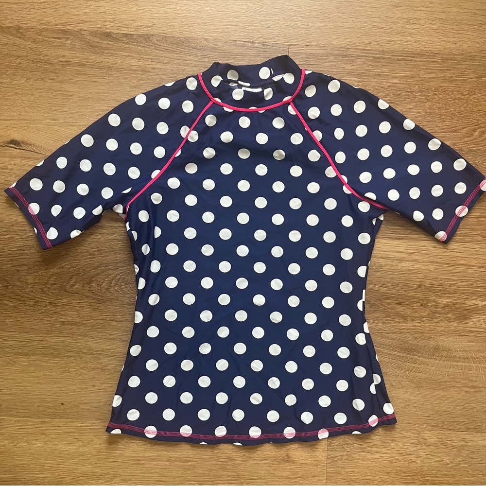 Boden Girl’s Rash Guard Navy Blue White Polka Dots Swimwear Swim Top Size 8